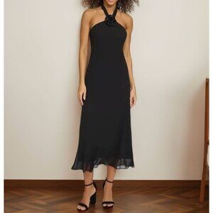 Siena Womens Rosette Trim Open Back Halter Neck Dress Black Size 14 NWT